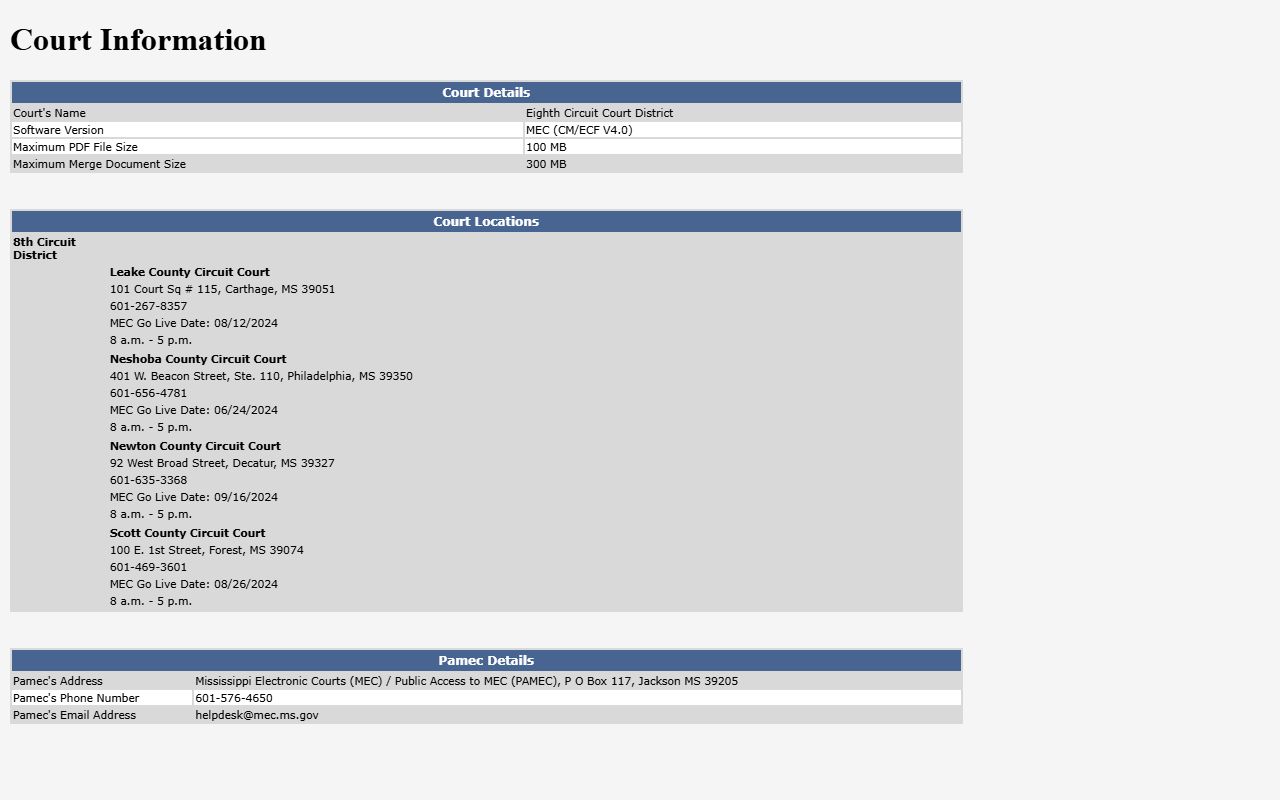 Leake County court records on the Eighth Circuit District information page
