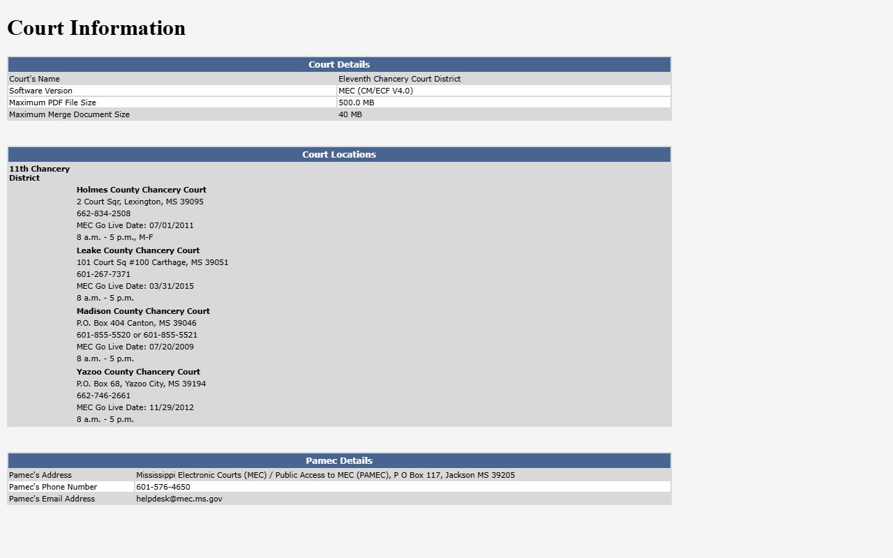 Leake County court records on the Eleventh Chancery District information page