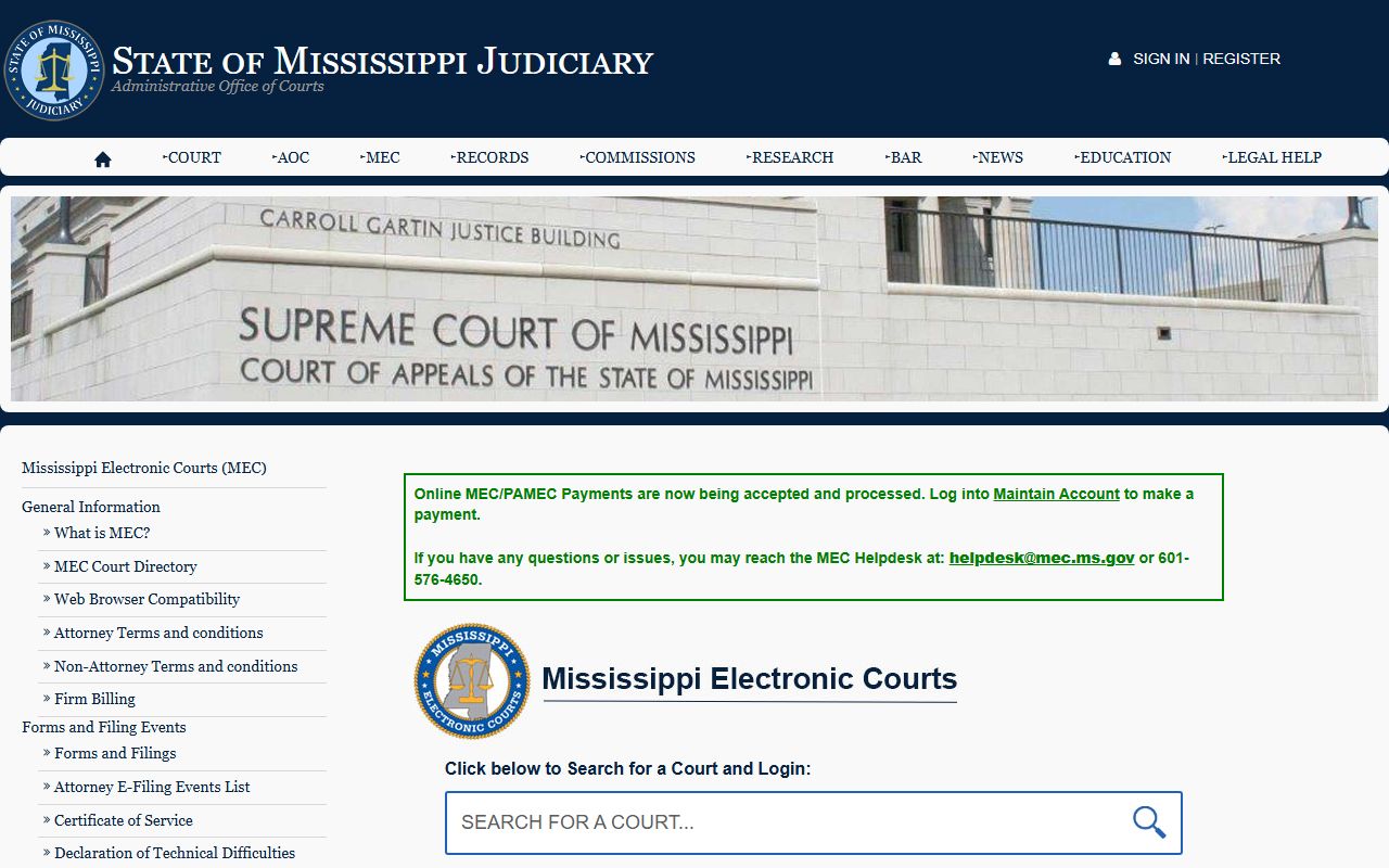 Leake County court records on the Mississippi Electronic Courts portal