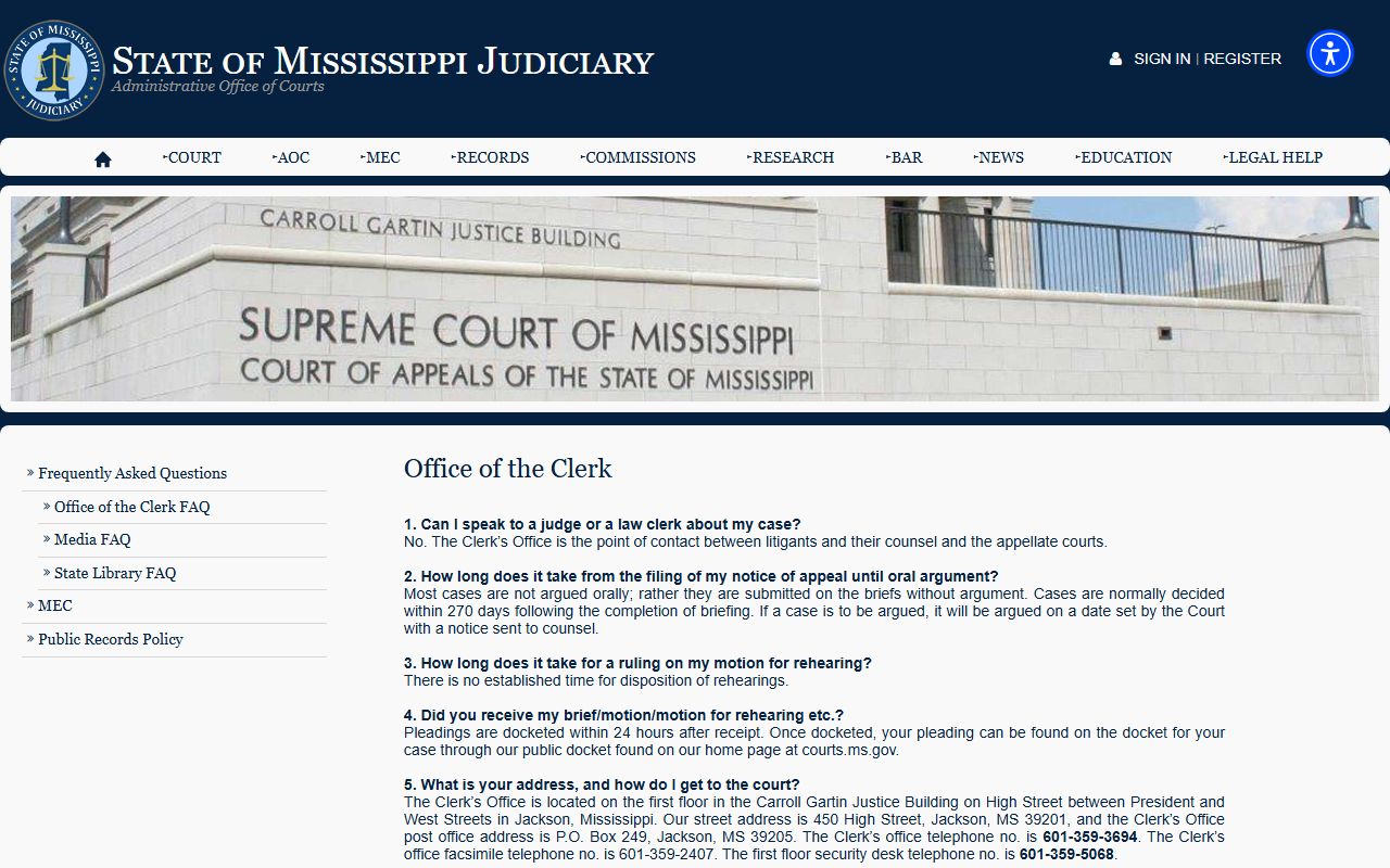 Leake County court records guidance on the Mississippi Judiciary records page