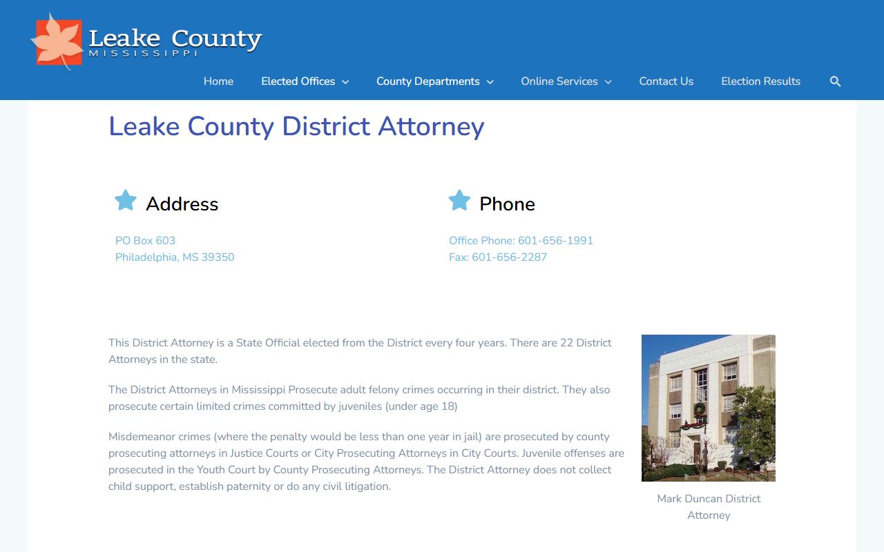 Leake County criminal court records District Attorney page