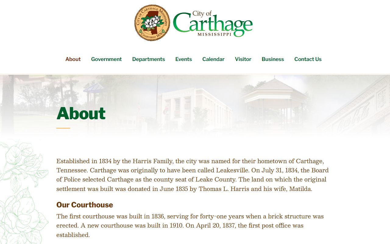 City of Carthage history page tied to Leake County court records and courthouse