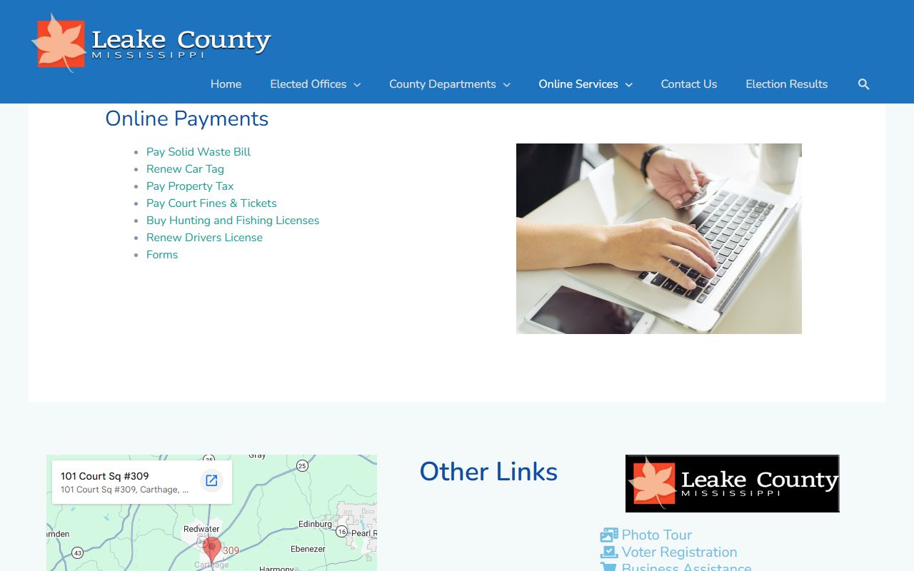 Leake County online payments page for court records fines and fees