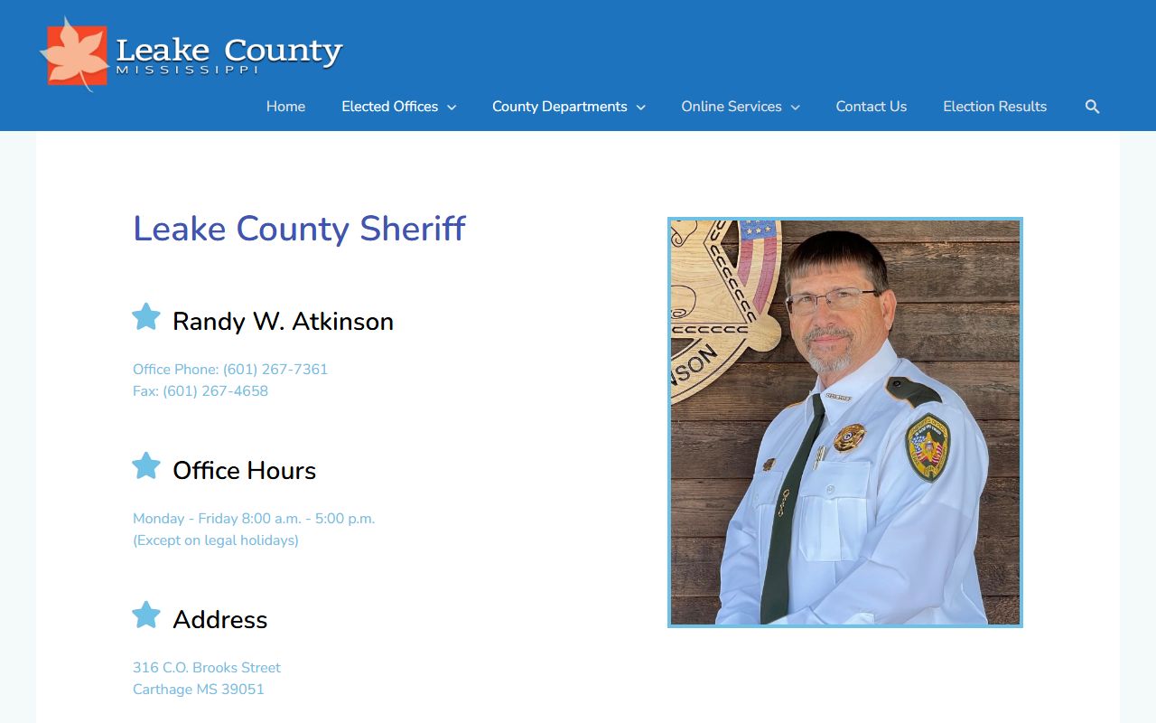 Leake County Sheriff office page describing jail and inmate court records
