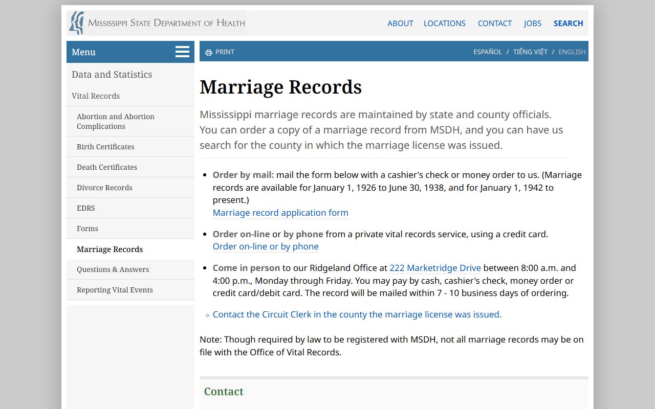 Leake County marriage records ordering on the MSDH Marriage Records page