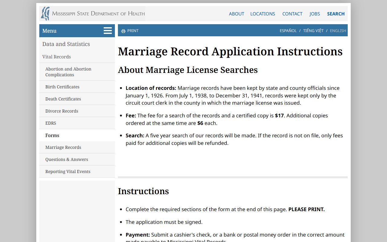 Leake County marriage records fee details on the MSDH application instructions page