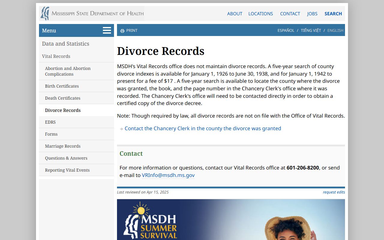 Leake County divorce records guidance on the MSDH Divorce Records page