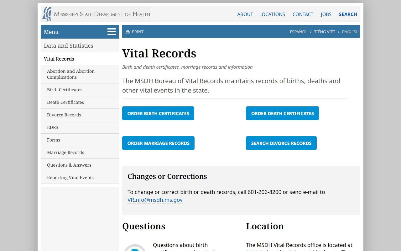 Leake County marriage and divorce records on the MSDH Vital Records landing page