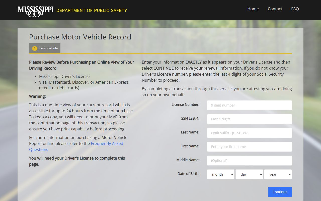 Leake County traffic court records and Mississippi motor vehicle record request portal